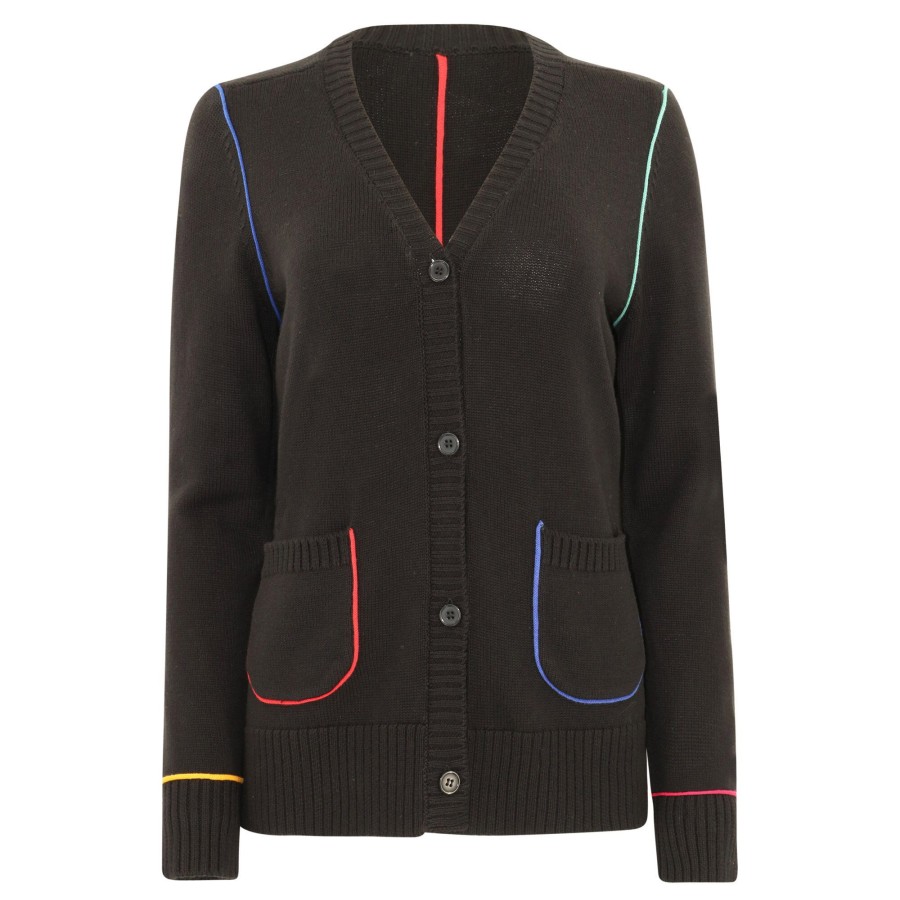 Clothing Ecru | Cardigan With Contrast Piping Black Multi