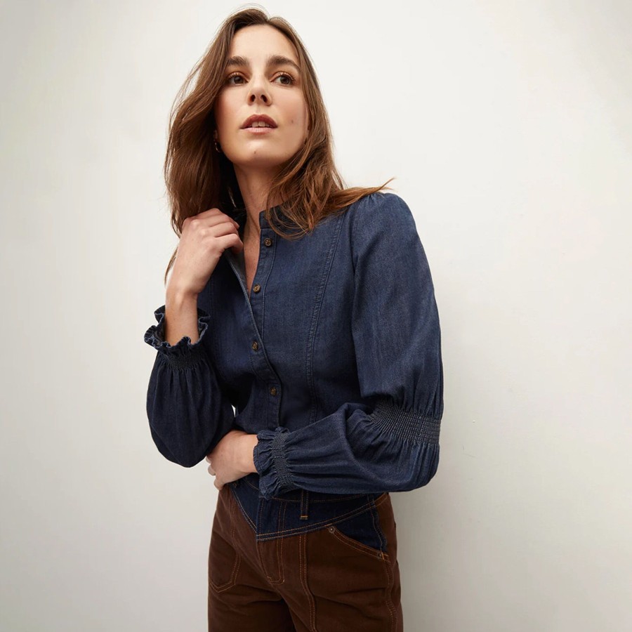 Clothing Veronica Beard | Dalton Puff-Sleeve Denim Top Oxford