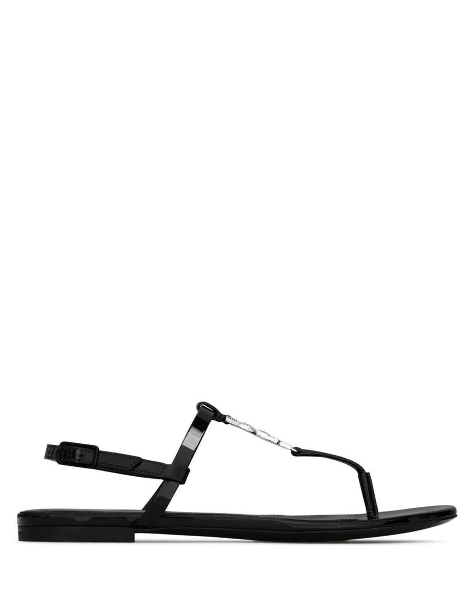 Shoes Saint Laurent | Cassandra Rhinestone Flat Sandals Nero