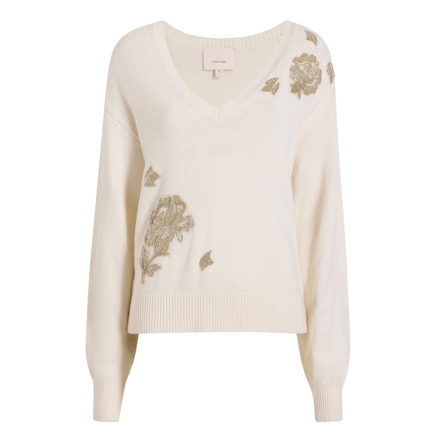 Clothing Cinq à Sept | Beaded Wool Blend Sweater Ivory/Silver
