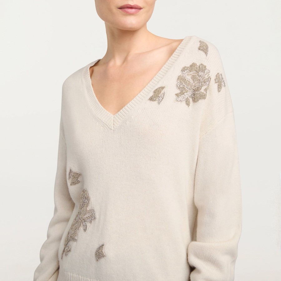 Clothing Cinq à Sept | Beaded Wool Blend Sweater Ivory/Silver
