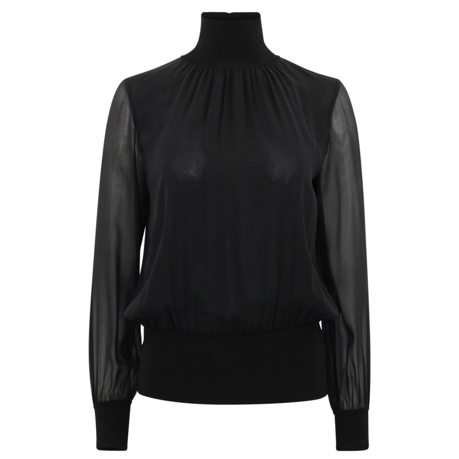 Clothing Lafayette 148 New York | Silk Georgette Turtleneck Blouse Black