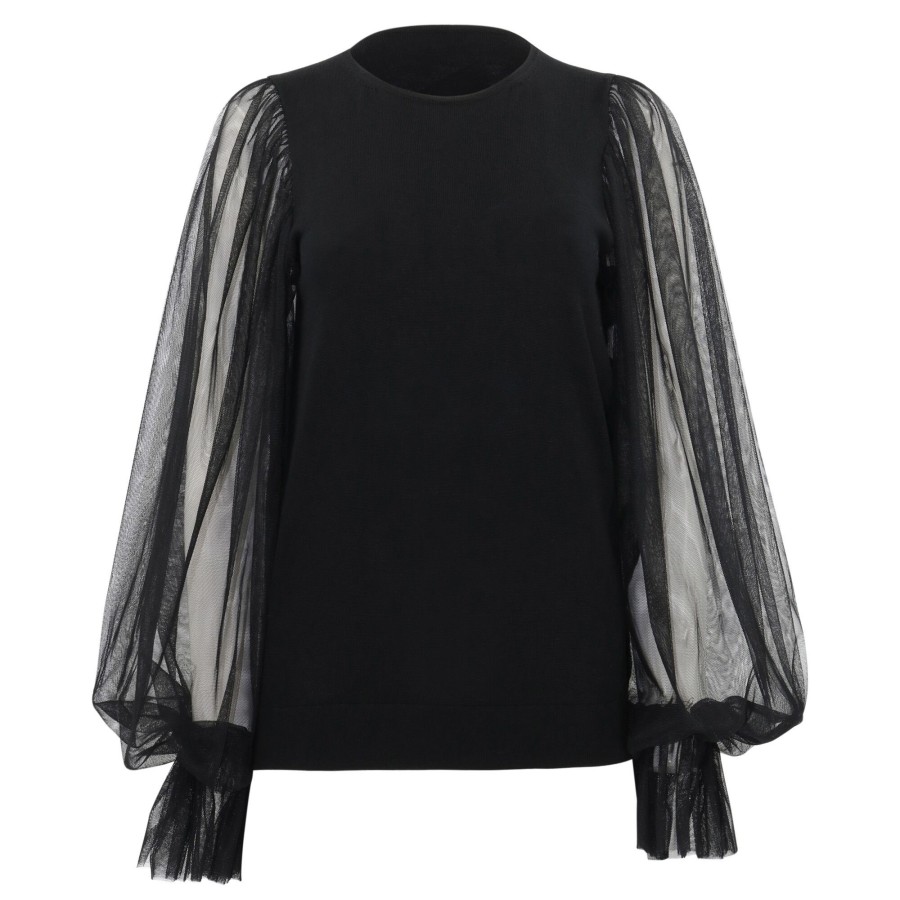 Clothing Trina Turk | Rhea 2 Puff Tulle Sleeve Sweater Black
