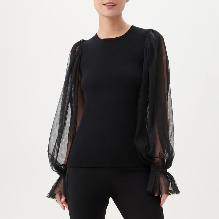 Clothing Trina Turk | Rhea 2 Puff Tulle Sleeve Sweater Black