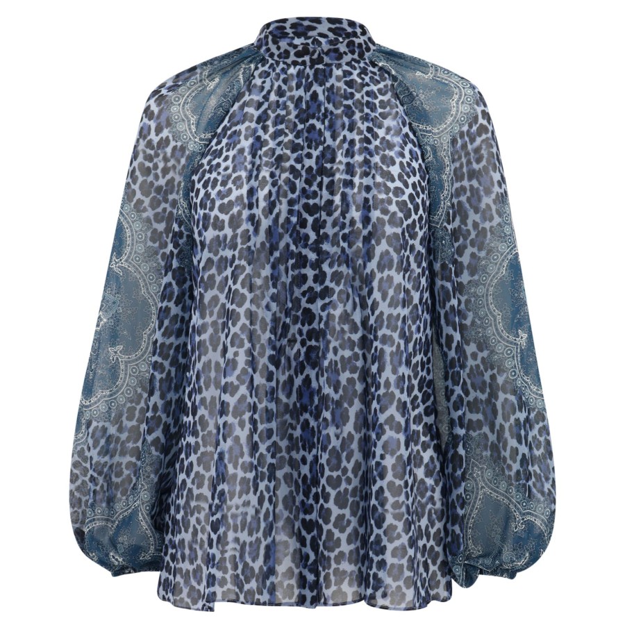 Clothing Kobi Halperin | Carla Animal-Print Blouson-Sleeve Blouse Sea Blue Multi