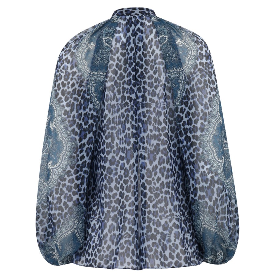 Clothing Kobi Halperin | Carla Animal-Print Blouson-Sleeve Blouse Sea Blue Multi
