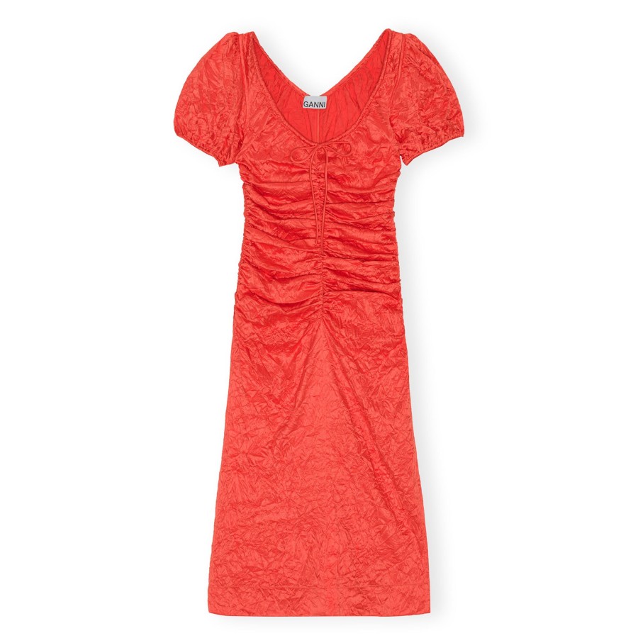 Clothing Ganni | Crinkled Satin Gathered Midi Dress Grenadine