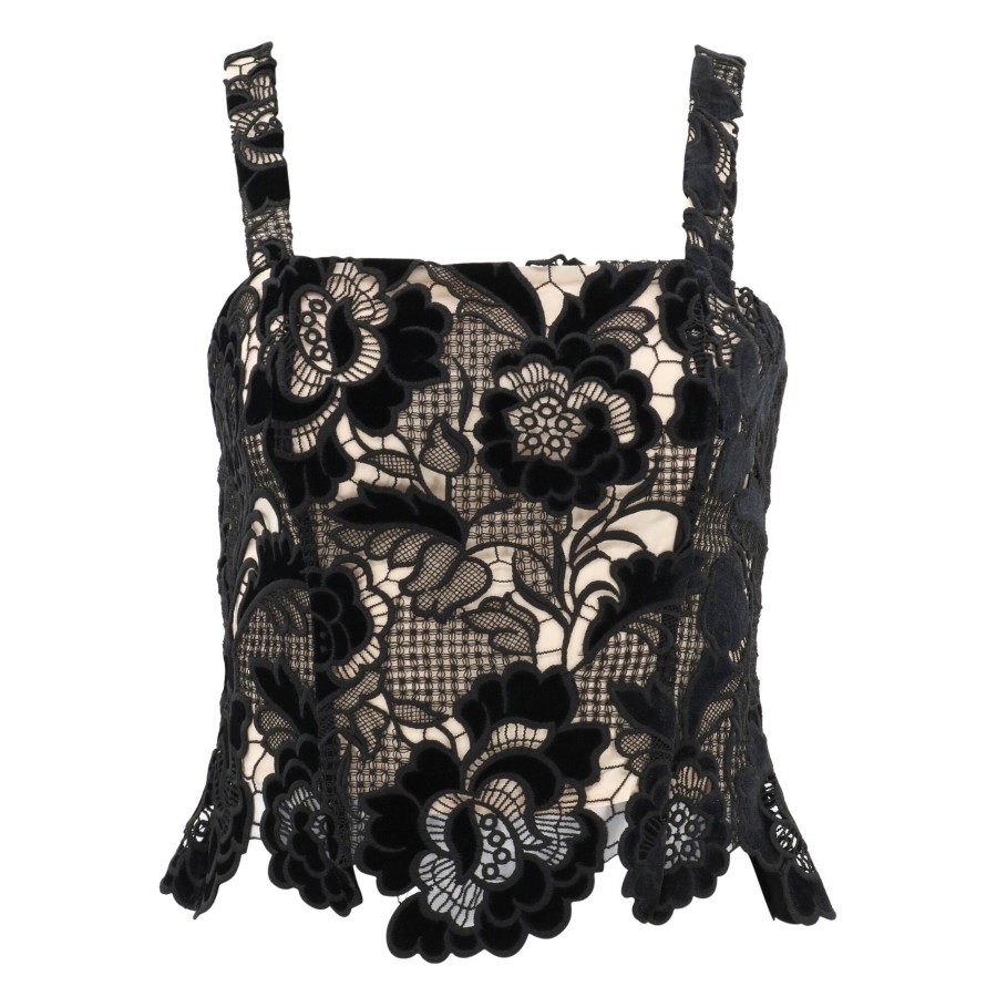Clothing Mestiza | Tiramisu Velvet Lazer Cut Lace Top Black