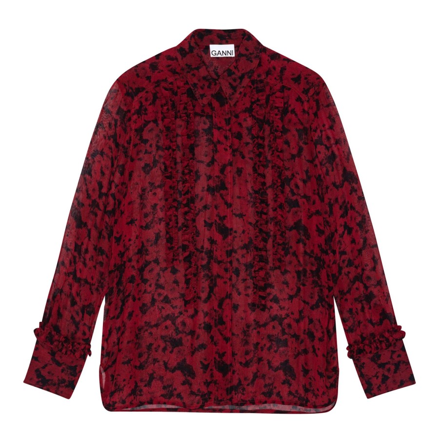 Clothing Ganni | Printed Georgette Ruffle Shirt Syrah