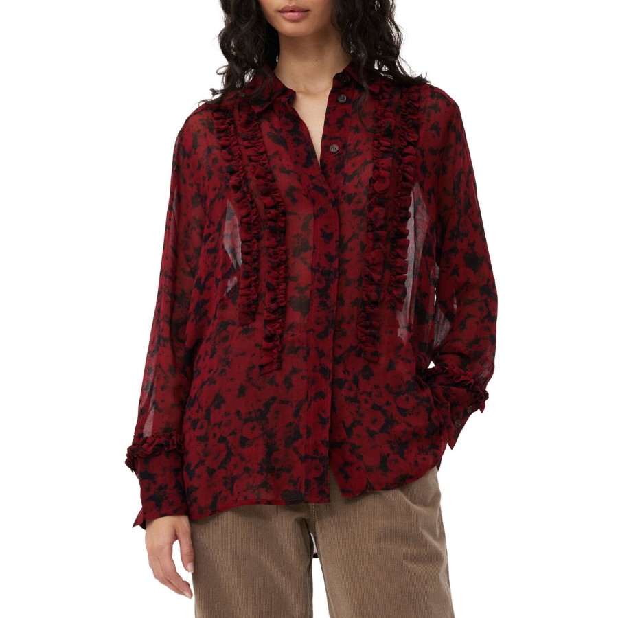 Clothing Ganni | Printed Georgette Ruffle Shirt Syrah