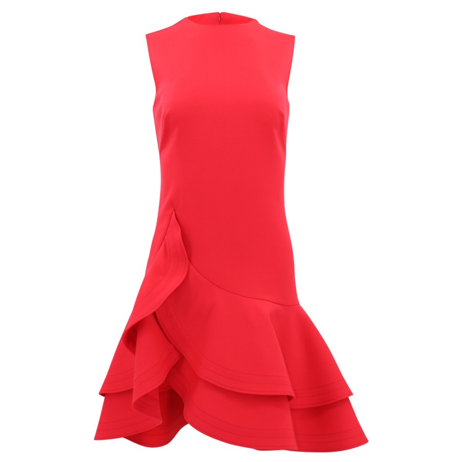 Clothing Oscar de la Renta | Sleeveless Jewel Neck Tiered Ruffle Mini Dress Cerise