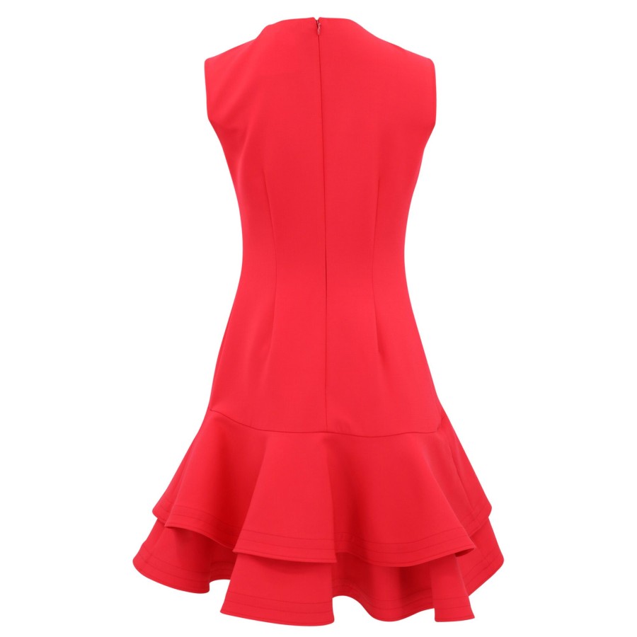 Clothing Oscar de la Renta | Sleeveless Jewel Neck Tiered Ruffle Mini Dress Cerise