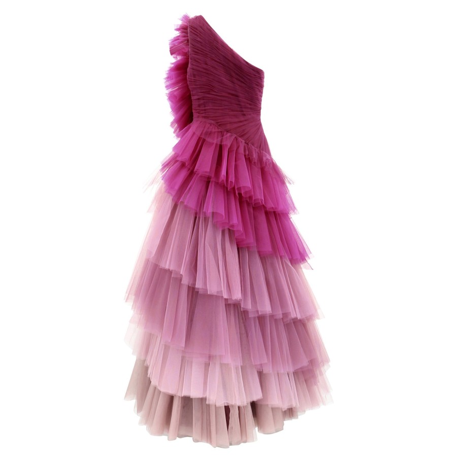 Clothing Badgley Mischka | One-Shoulder Ombre Tulle Tiered Gown Sangria