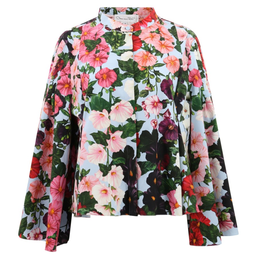 Clothing Oscar de la Renta | Bell Sleeve Hollyhock Cotton Poplin Blouse Pink/Pale Blue