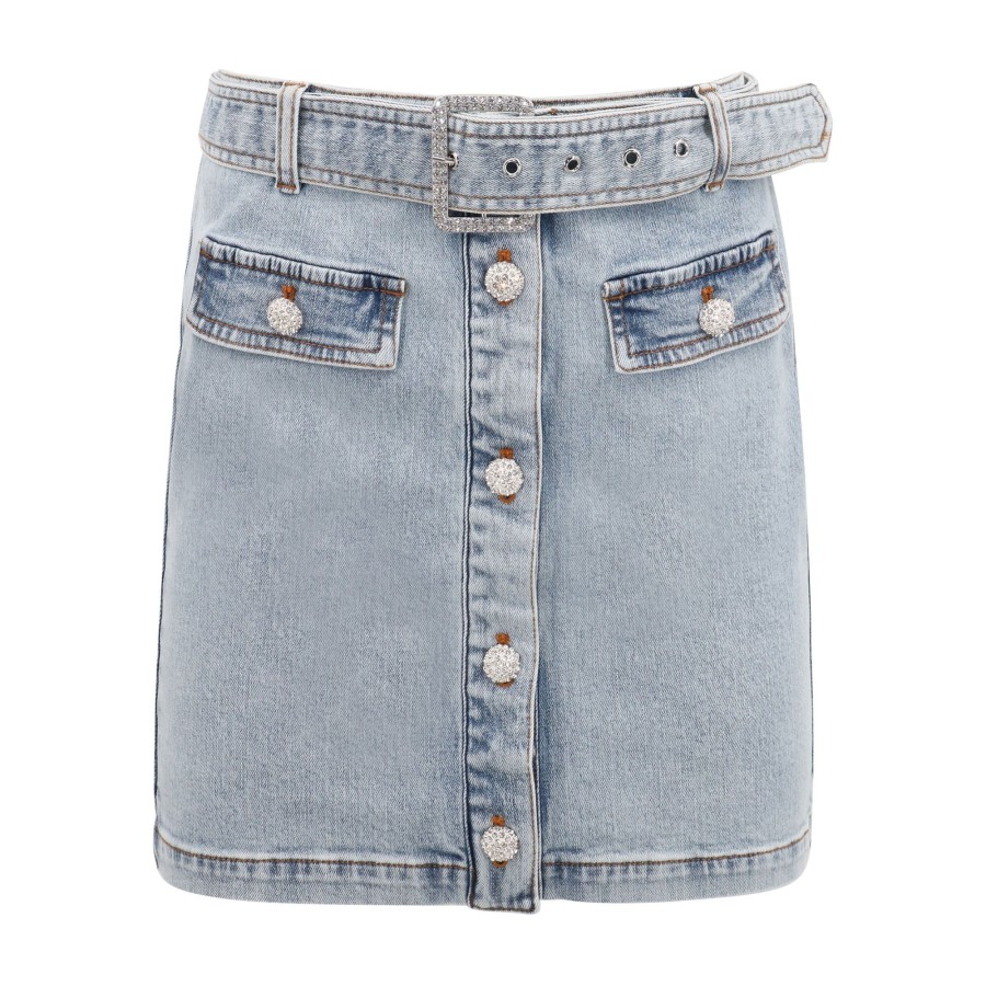 Clothing Generation Love | Alexina Belted Denim Skirt Light Blue
