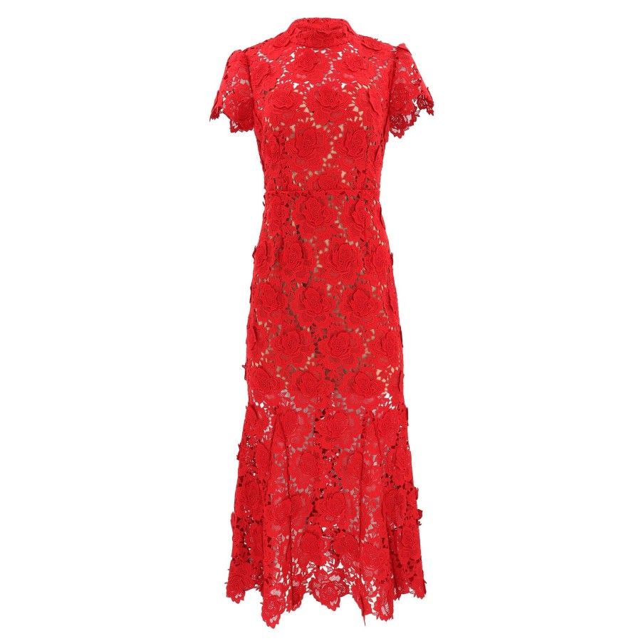 Clothing Self-Portrait | Flower Lace Midi Dress Red