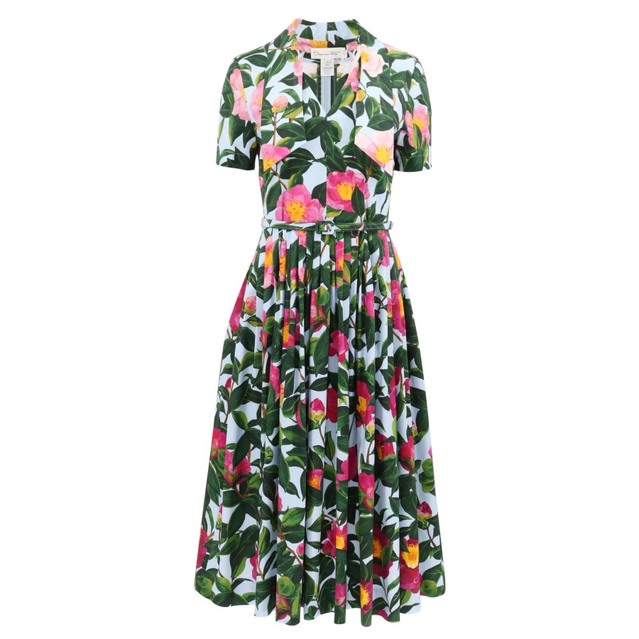 Clothing Oscar de la Renta | Tie-Neck Camellia Cotton Poplin Dress Pink/Pale Blue