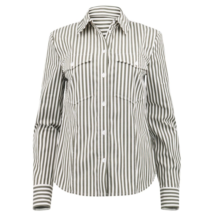 Clothing Veronica Beard | Barnette Stripped Button-Down Shirt Bright Army