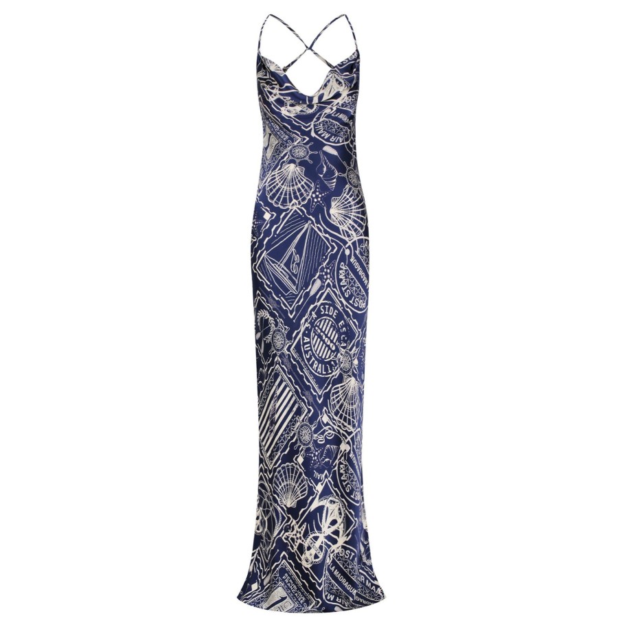 Clothing Shona Joy | Mer Silk Double Cowl Bias Maxi Dress Navy/Ivory Stripe