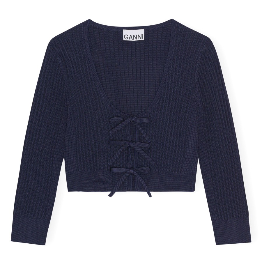 Clothing Ganni | Melange Knit Cropped Cardigan Sky Captain