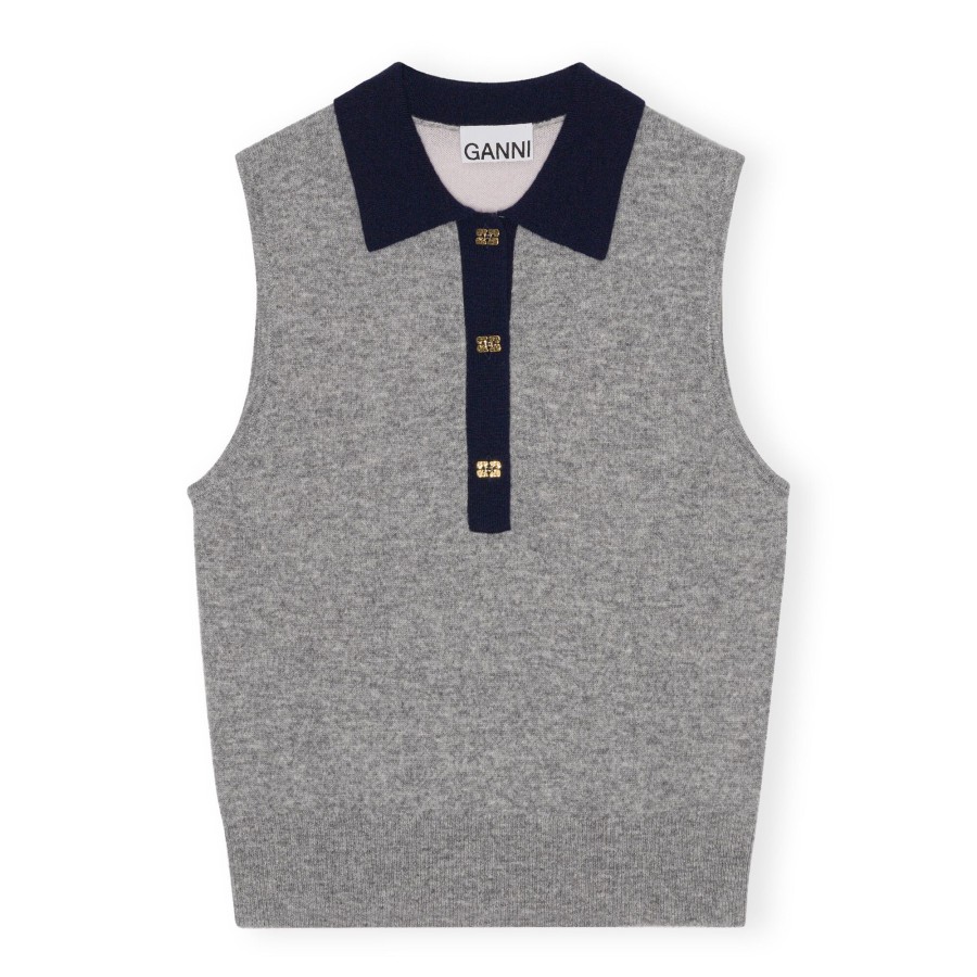 Clothing Ganni | Polo-Collar Sleeveless Sweater Gray
