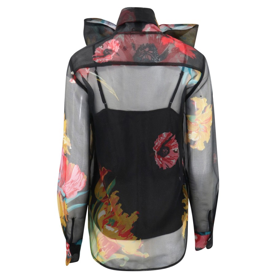 Clothing Staud | Maryn Floral Print Tie Neck Organza Shirt Fbnt