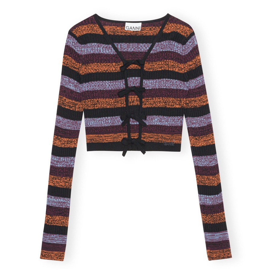 Clothing Ganni | Striped Merino Wool Cropped Cardigan Multi