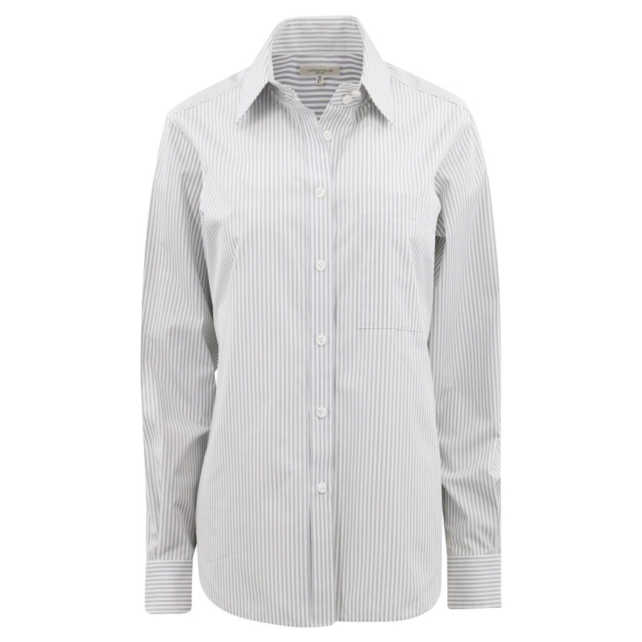 Clothing Lafayette 148 New York | Stripe Cotton High Collar Shirt Grey Stone