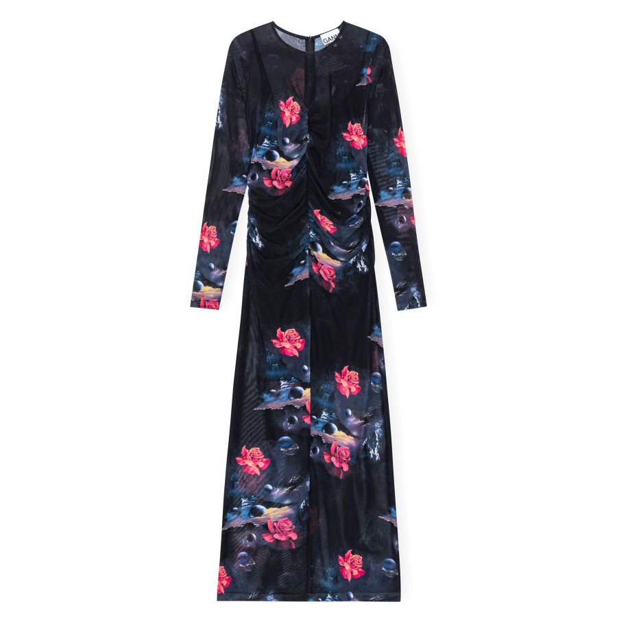 Clothing Ganni | Printed Mesh O-Neck Ruched Long Dress Black