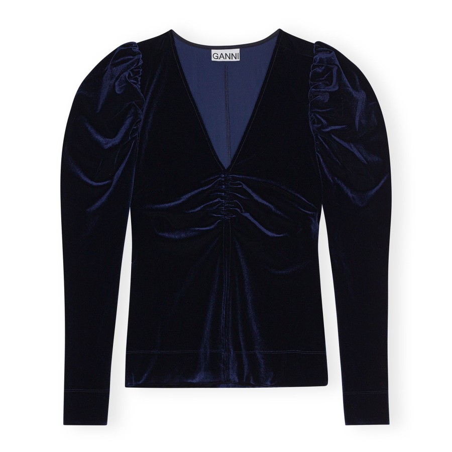 Clothing Ganni | Velvet Jersey V Neck Blouse Total Eclipse Blue
