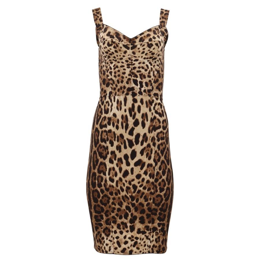 Clothing Dolce & Gabbana | Stretch Sweetheart Neck Sleeveless Dress Leopard Print