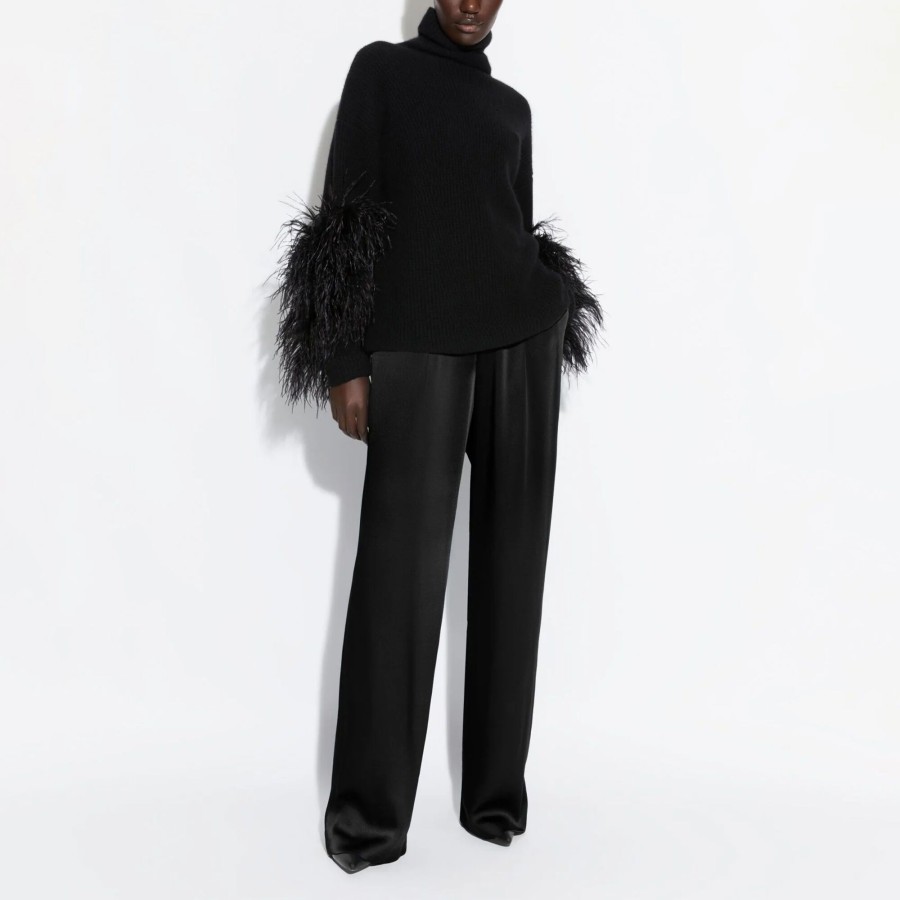 Clothing LaPointe | Airy Cashmere Silk Ribbed Turtleneck With Feathers Black