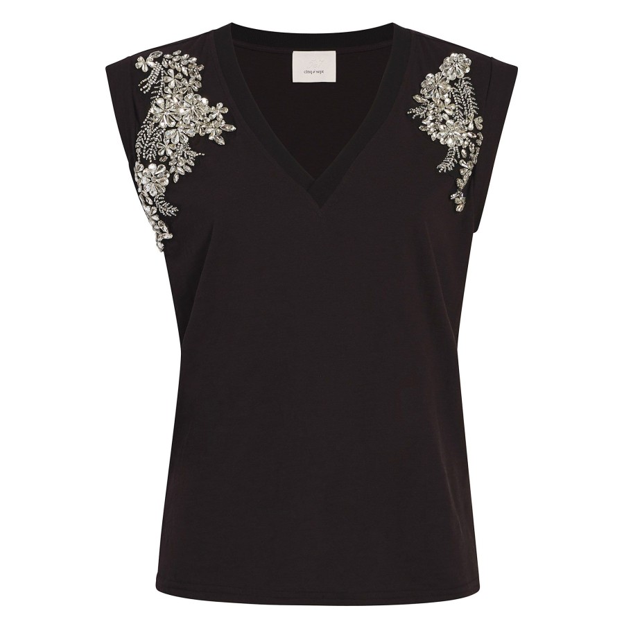Clothing Cinq à Sept | Bella Crystal Ivy Embellished Tee Black