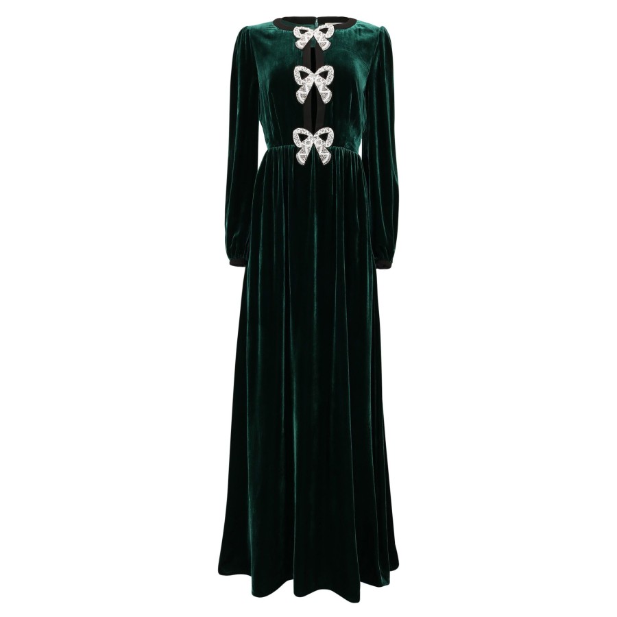 Clothing Saloni | Camille Velvet Embellished Bows Dress Green