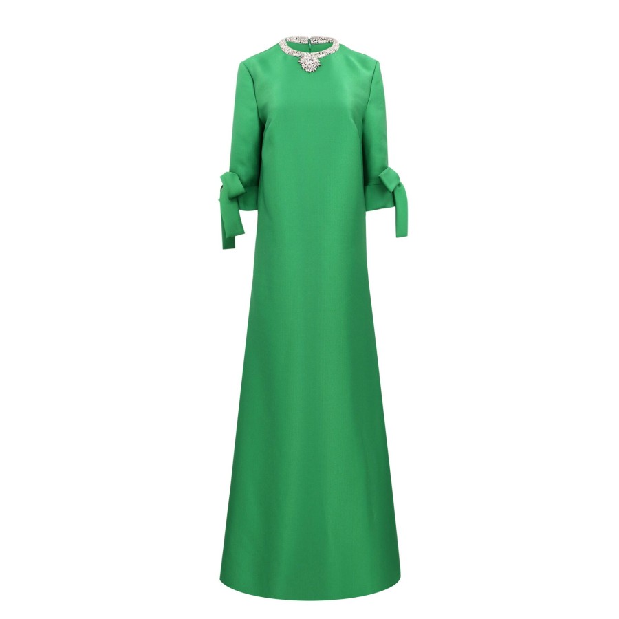 Clothing Reem Acra | Bow Sleeve And Embroidered Neckline Gown Green