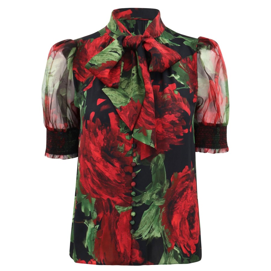 Clothing Alice + Olivia | Brentley Tie-Neck Puff-Sleeve Blouse Cloud Floral Bordeaux