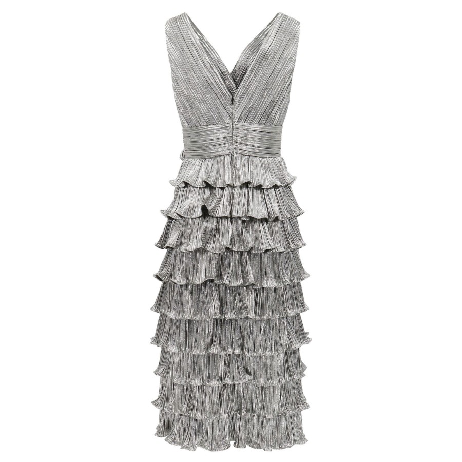 Clothing Zac Posen | Sleeveless Metallic Ruffle Tiered Midi Dress Silver