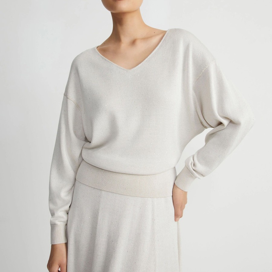 Clothing Lafayette 148 New York | Merino Wool-Silk Sequin Blouson Sweater Pampas Plume Metallic