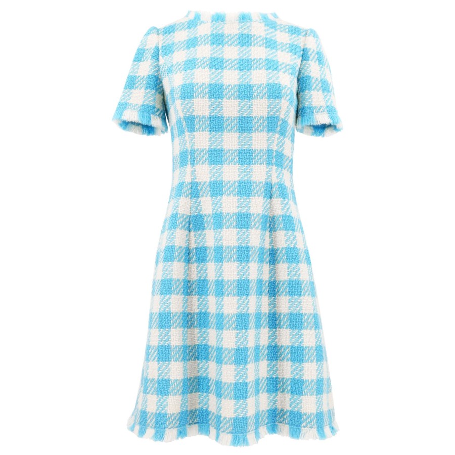 Clothing Oscar de la Renta | Checked Wool Mini Dress Ivory/Aqua