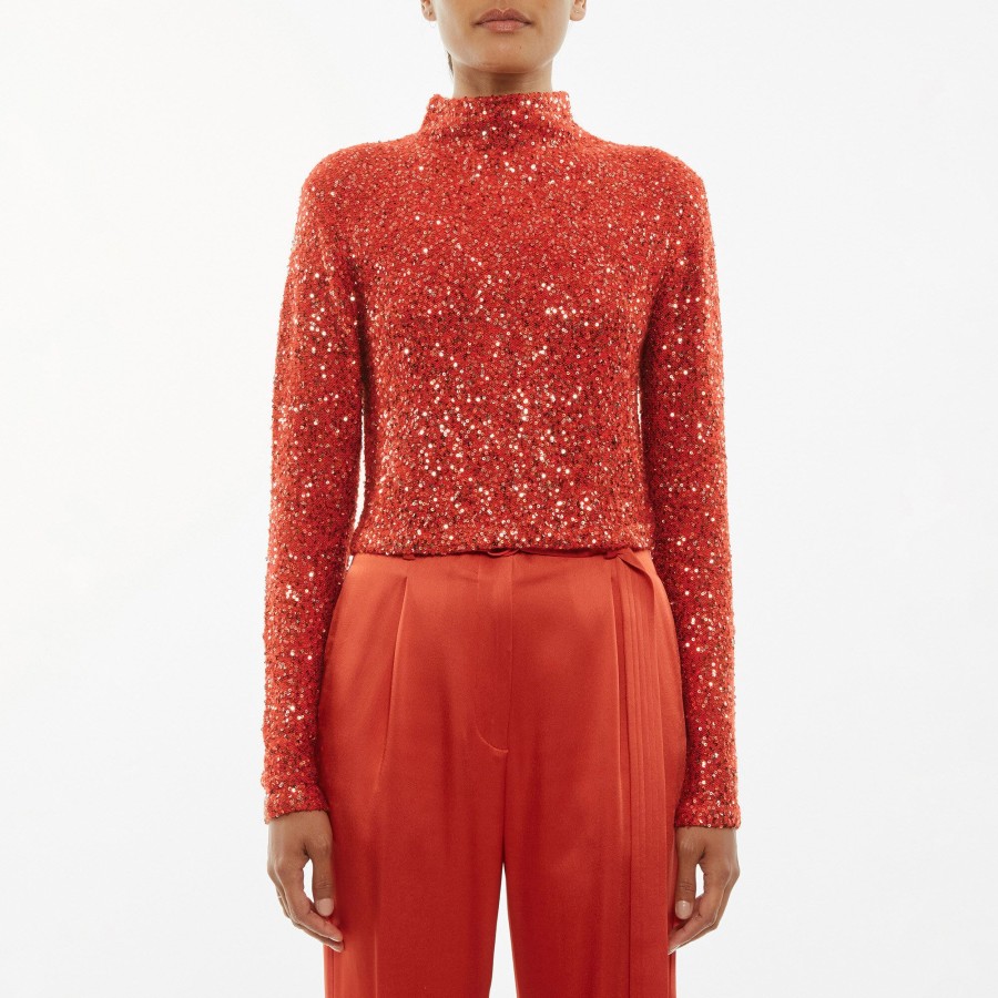 Clothing LaPointe | Sequin Cashmere Silk Cropped Mock Neck Top Carnelia