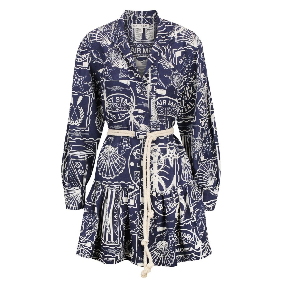Clothing Shona Joy | Amelie Linen Mini Dress Navy/Ivory Stripe