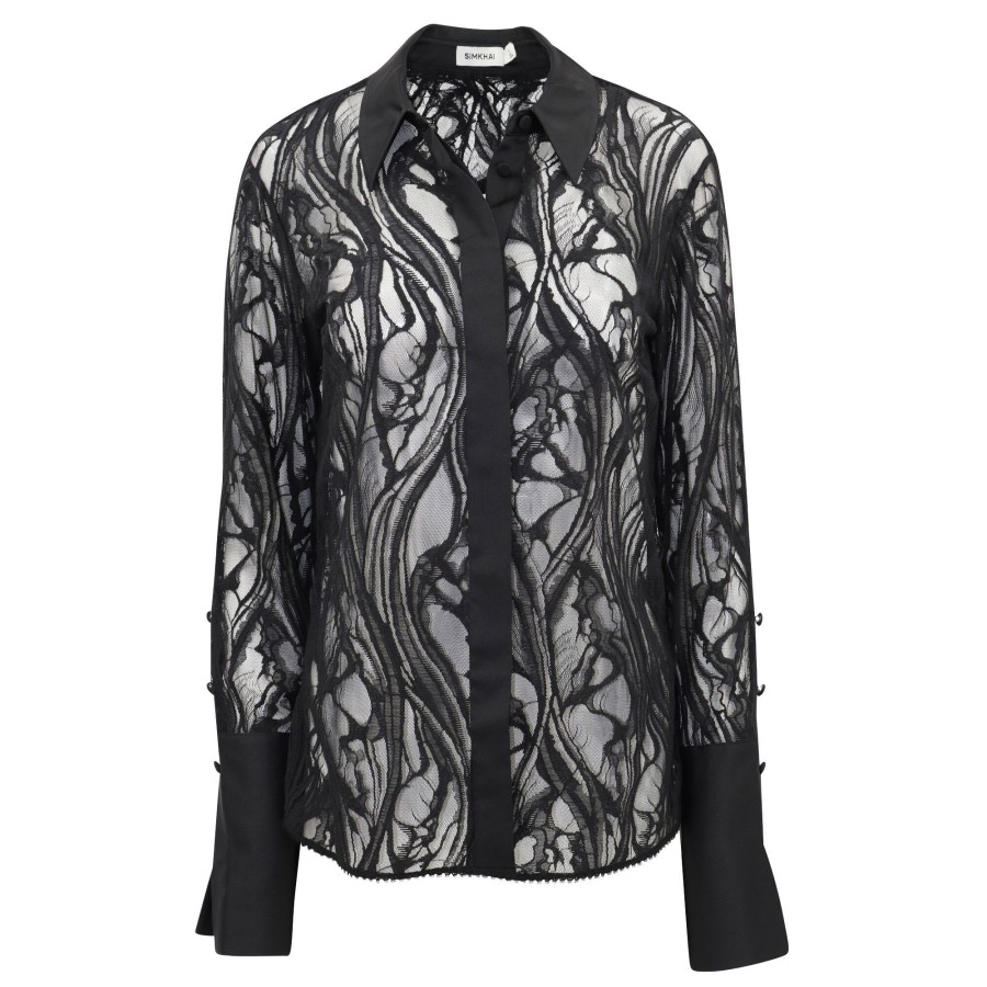 Clothing Simkhai | Candela Long Sleeve Lace Shirt Black