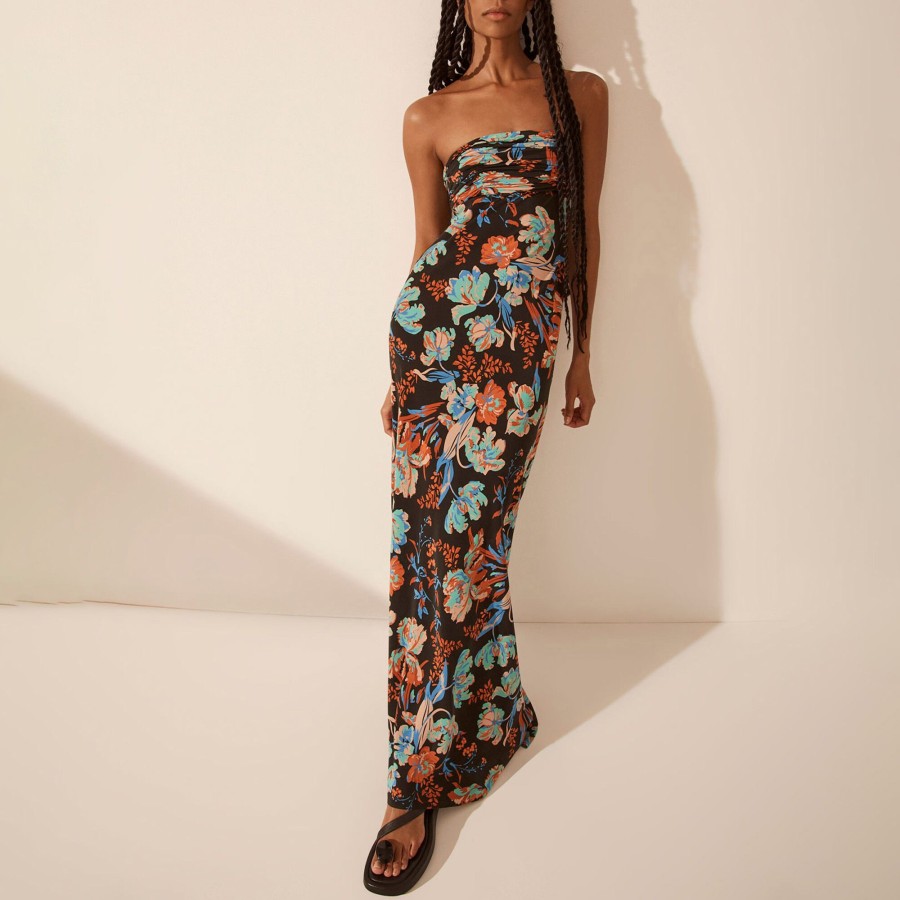 Clothing Shona Joy | Flotte Silk Ruched Bodice Maxi Dress Black Multi