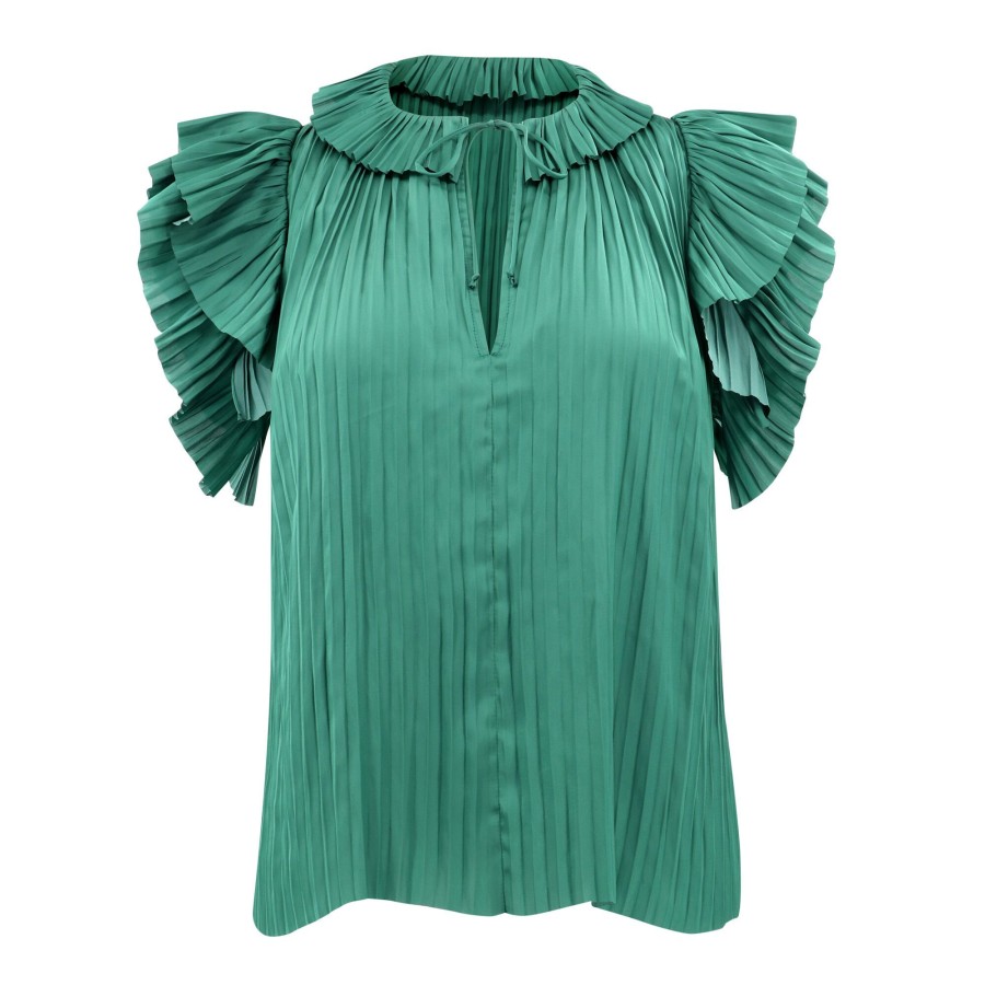 Clothing Ulla Johnson | Elli Flutter Sleeve Satin Blouse Jadeite