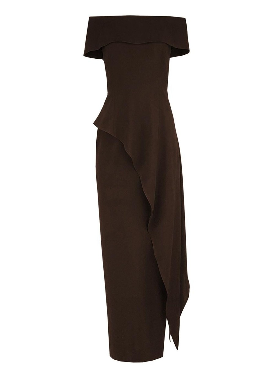 Clothing Tom & Linda Platt | Ultra-Peplum Off Shoulder Gown Chocolate