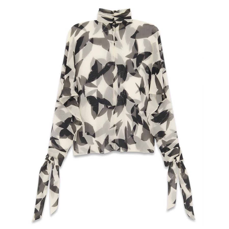 Clothing Saint Laurent | Silk Muslin Butterfly Printed Blouse Noir Craie