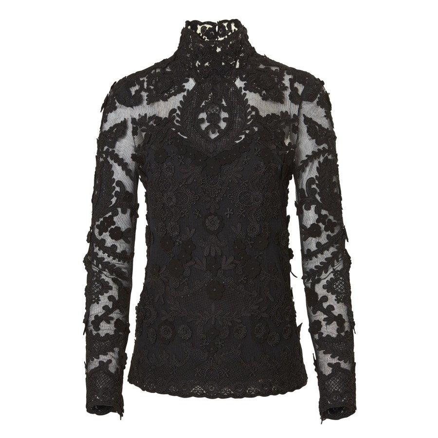 Clothing Carolina Herrera | Embroidered Floral Applique Top Black