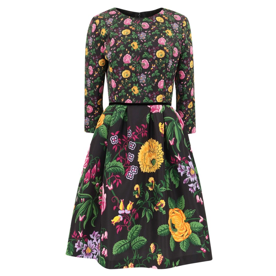 Clothing Carolina Herrera | Floral Print Knee Length Dress Black Multi