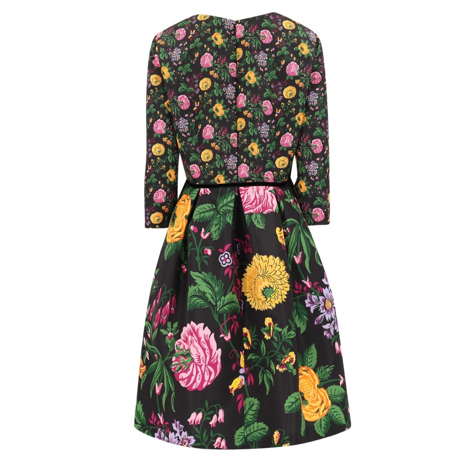 Clothing Carolina Herrera | Floral Print Knee Length Dress Black Multi