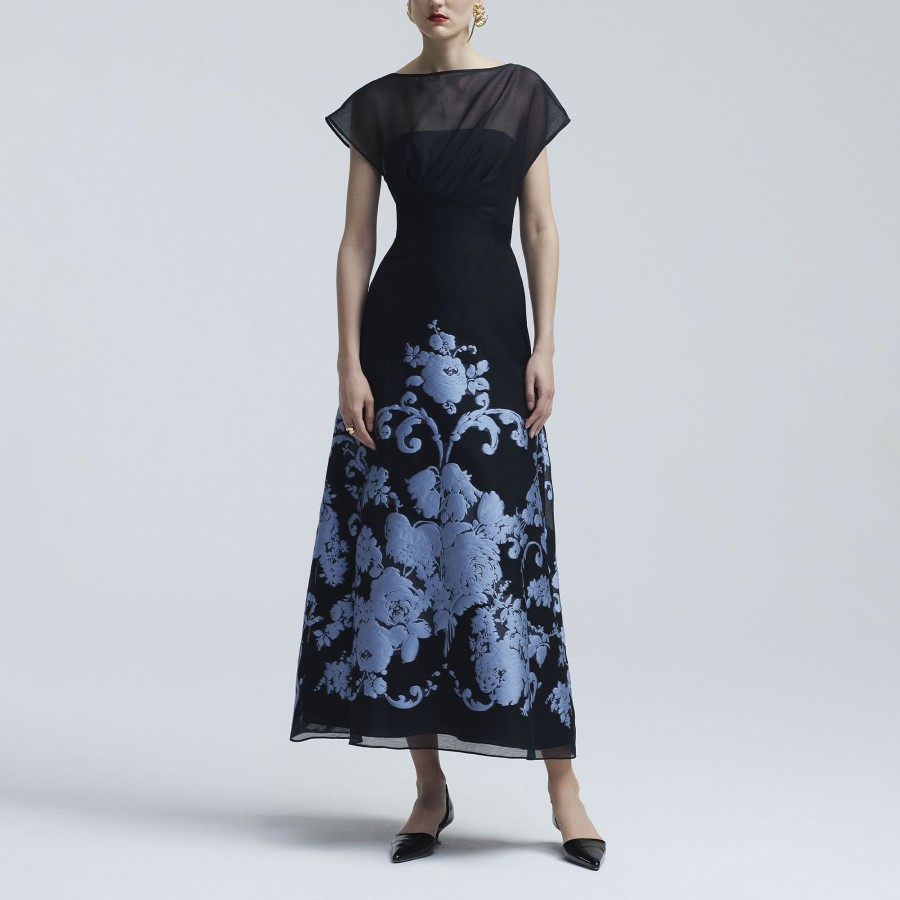 Clothing Lela Rose | Evelyn Floral Embroidered Midi Dress Navy